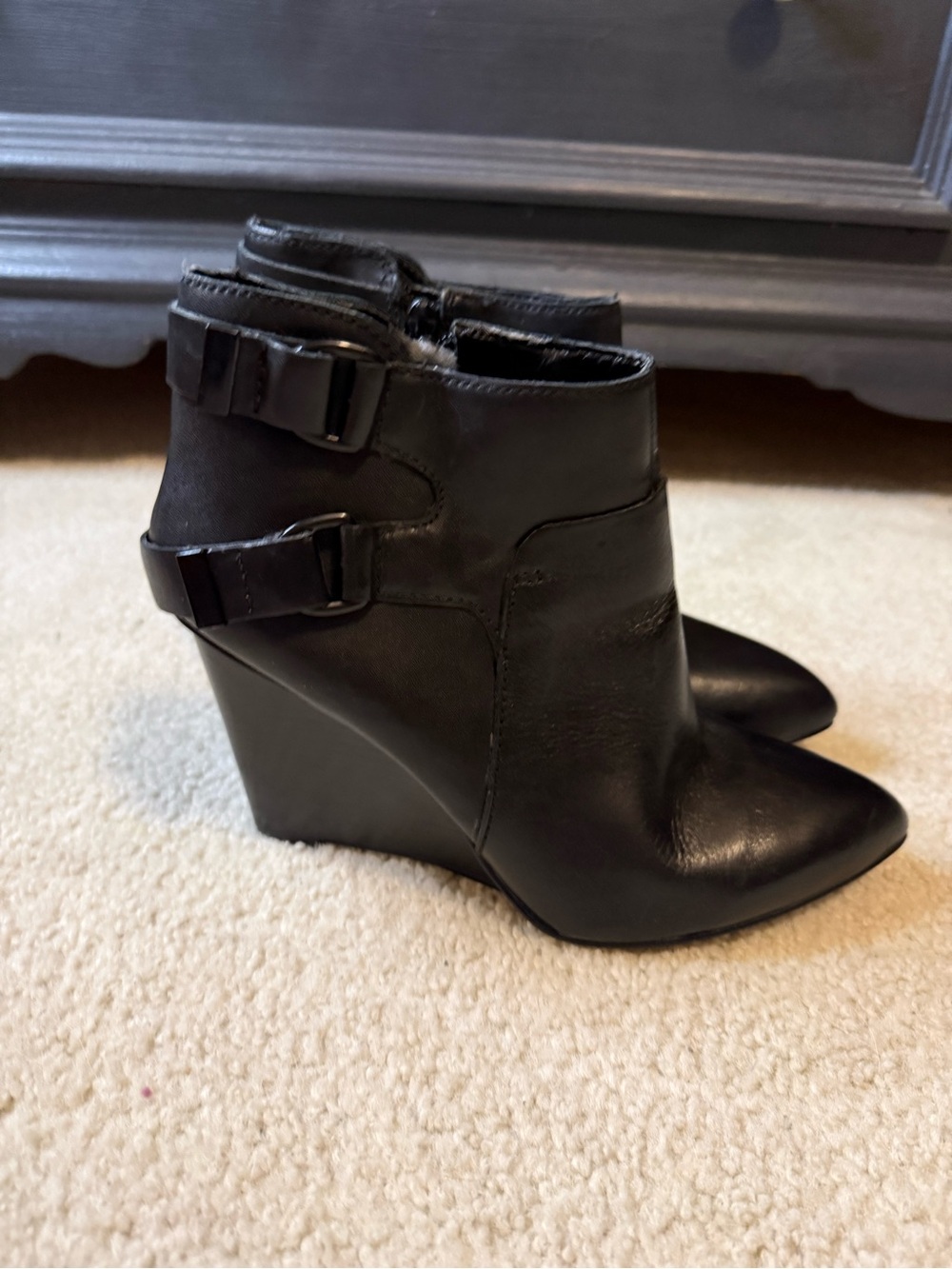 Nine West Black Pointed Wedge Ankle Booties with Buckle Detail